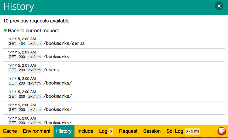 Screenshot do painel History no DebugKit.